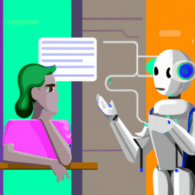 Ein Mensch und ein Roboter diskutieren miteinander.