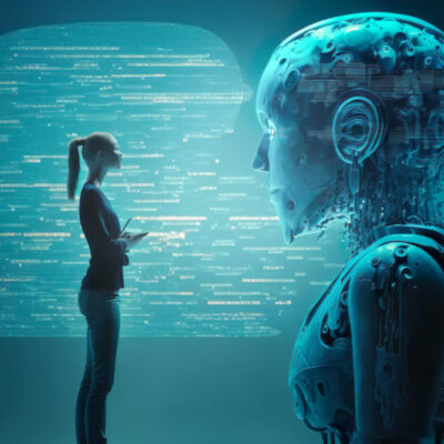 Frau kommuniziert mit einer Künstlichen Intelligenz in riesiger Roboter-Gestalt.