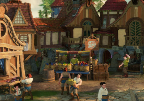 Eine Stadt in die Siedler mit mehreren Stadtbewohnern und einem Marktstand.