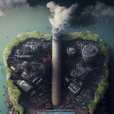 Beispielbild für Umweltverschmutzung, Eine industrielle Insel mit großem, rauchenden Schlot, Carbon-Credits können hier helfen