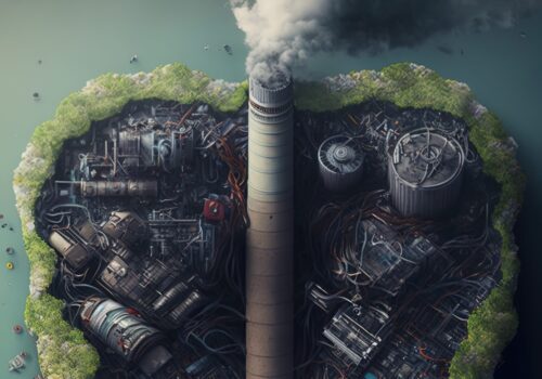Beispielbild für Umweltverschmutzung, Eine industrielle Insel mit großem, rauchenden Schlot, Carbon-Credits können hier helfen