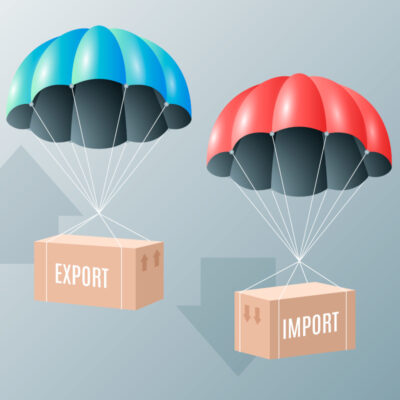 Zwei Kisten sind an Fallschirmen befestigt. Auf der linken steht Export mit einem Pfeil nach oben im Hintergrund. Auf der rechten steht Import mit einem Pfeil nach unten im Hintergrund