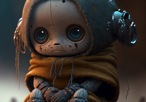 Ein Babyroboter mit großen Augen sitzt traurig und einsam auf dem Boden.