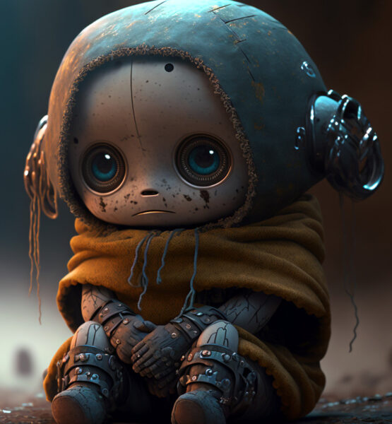 Ein Babyroboter mit großen Augen sitzt traurig und einsam auf dem Boden.
