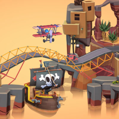 eine wellige Brücke im Spiel Poly Bridge, unter dem ein Piratenschiff fährt, über der ein Flugzeug fliegt und auf der ein Auto fährt.