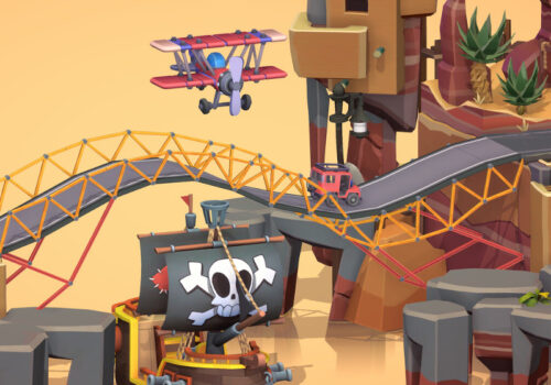 eine wellige Brücke im Spiel Poly Bridge, unter dem ein Piratenschiff fährt, über der ein Flugzeug fliegt und auf der ein Auto fährt.