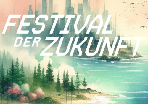 Artwork vom Festival der Zukunft, dass eine Insel zeigt, auf der sowohl eine große Stadt als auch unberührte Natur vorherrscht.