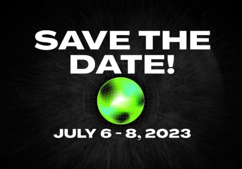 Banner für das Festival der Zukunft, das mit "Save the Date!" auf den Veranstaltungszeitraum von 6. bis 8. Juli aufmerksam macht.