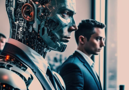 Ein Geschäftsmann arbeitet Seite an Seite mit einem sehr menschlich wirkenden Roboter.