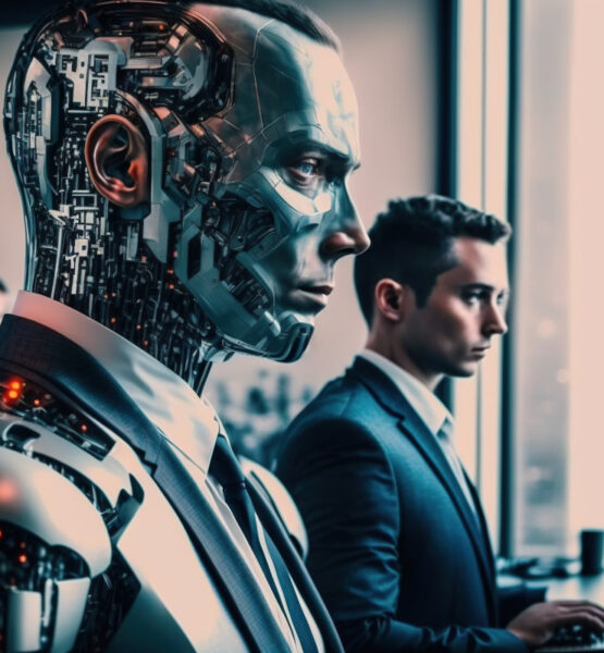 Ein Geschäftsmann arbeitet Seite an Seite mit einem sehr menschlich wirkenden Roboter.