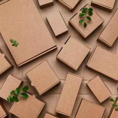 Mehrere braune Pappkartons aus recyclebaren Materialien und einige grüne Pflanzen, die den Umweltaspekt hervorheben sollen.