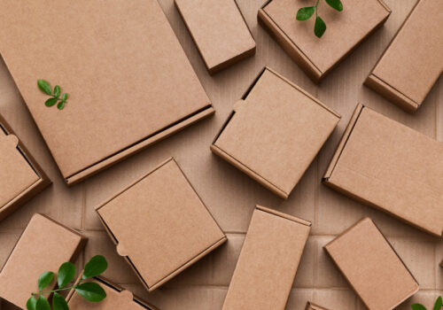 Mehrere braune Pappkartons aus recyclebaren Materialien und einige grüne Pflanzen, die den Umweltaspekt hervorheben sollen.