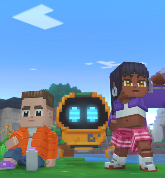 Screenshot aus dem Spiel Biomes, dass die blockartigen Figuren zweier menschlicher Figuren und eine Art schwebenden Roboter zeigt.