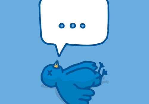 Ein comichafter blauer Vogel der tot auf dem Boden liegt mit einer leeren Sprechblase.