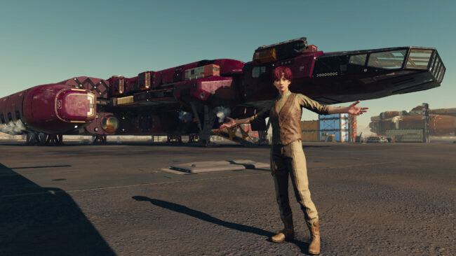 Charakter mit westernähnlicher Kleidung steht vor einem dunkelvioletten Schiff und breitet die Arme aus.