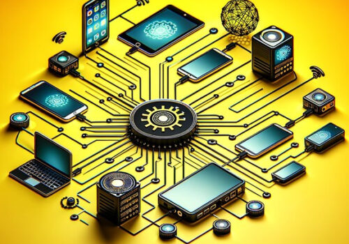 Ein isometrisches Konzeptbild, das eine Vielzahl von technologischen Geräten wie Smartphones, Laptops, Tablets und Server, die alle mit einem zentralen Chip verbunden sind, darstellt. Dieses Bild symbolisiert Edge Computing, Konnektivität und das Internet der Dinge (IoT), wo alle Geräte in einem Netzwerk integriert sind. Der Hintergrund ist in einem Farbverlauf von Gelb zu Orange gehalten.