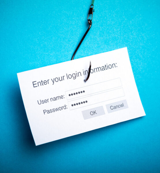 Ein Bild von einem weißen Papier auf einem blauen Hintergrund, das ein Login-Formular darstellt mit Feldern für "User name" und "Password". Über dem Formular steht "Enter your login information:". Das Papier hat einen Angelhaken durchstochen, was auf den Begriff "Phishing" anspielt.
