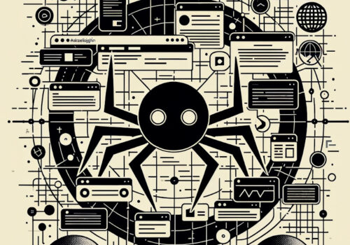 Illustration: Ein minimalistisches, grafisches Design eines Webcrawlers im Bezug auf Scraping in Schwarz, der Daten von einer Website extrahiert. Die Website ist dargestellt als eine Reihe von vereinfachten, abstrakten Informationsblöcken in unterschiedlichen neutralen Farbtönen. Der Hintergrund ist in einer neutralen Farbpalette gehalten, um einen Kontrast zum vorherigen gelben Hintergrund zu schaffen. Digitale Linien verlaufen zwischen dem Webcrawler und den Informationsblöcken, um die Datenextraktion zu symbolisieren.