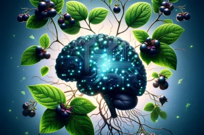Konzeptbild einer KI, umrankt von Nachtschatten. Im Fokus steht ein digitales Gehirn mit Schaltkreisen und leuchtenden Knoten, umgeben von dunklen Beeren und grünen Blättern der Pflanze. Der Hintergrund verläuft von Dunkelblau zu Schwarz, was eine mysteriöse und gefährliche Stimmung erzeugt.