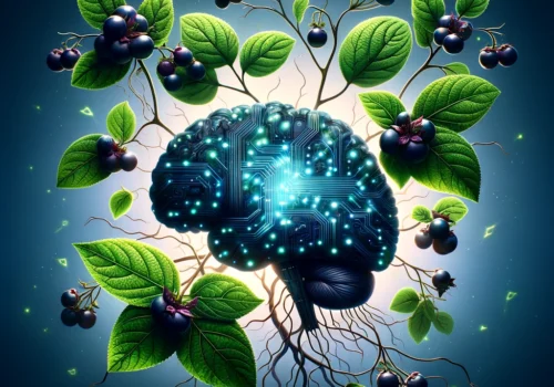 Konzeptbild einer KI, umrankt von Nachtschatten. Im Fokus steht ein digitales Gehirn mit Schaltkreisen und leuchtenden Knoten, umgeben von dunklen Beeren und grünen Blättern der Pflanze. Der Hintergrund verläuft von Dunkelblau zu Schwarz, was eine mysteriöse und gefährliche Stimmung erzeugt.