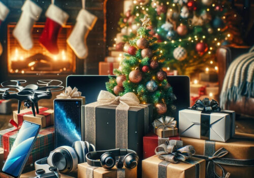 Weihnachtsszene mit einem festlich dekorierten Baum und Geschenken für Technikbegeisterte, darunter ein Laptop, Kopfhörer, eine Smartwatch, ein Smartphone und eine Drohne, in einem warmen Raum mit Kamin und hängenden Strümpfen.