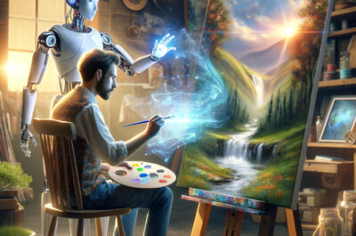 Menschlicher Künstler und humanoider Roboter arbeiten in einem Kunststudio zusammen, wobei der Künstler eine Landschaft mit einem Wasserfall auf einer Leinwand malt und der Roboter Farben über ein holografisches Display vorschlägt.