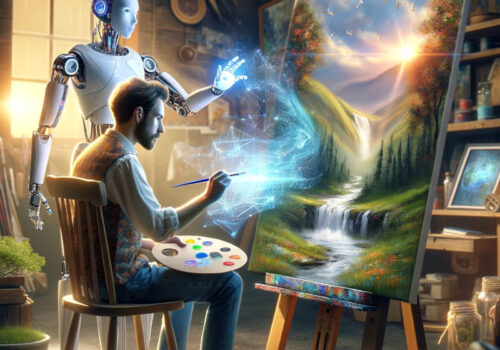Menschlicher Künstler und humanoider Roboter arbeiten in einem Kunststudio zusammen, wobei der Künstler eine Landschaft mit einem Wasserfall auf einer Leinwand malt und der Roboter Farben über ein holografisches Display vorschlägt.