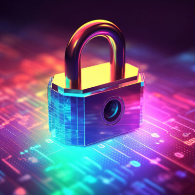 Ein leuchtendes holographisches Vorhängeschloss in Regenbogenfarben, das auf einer digitalen Oberfläche mit Schaltkreismustern und leuchtenden Datenströmen platziert ist, symbolisiert Cybersicherheit und Datenverschlüsselung. Stellt Private Relay dar,