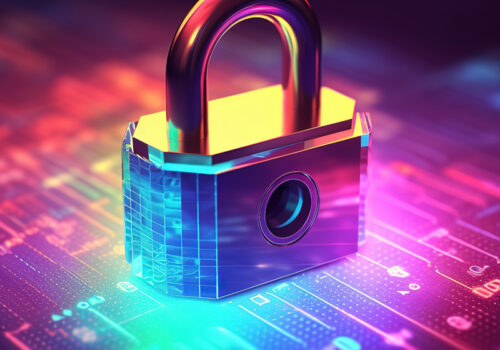 Ein leuchtendes holographisches Vorhängeschloss in Regenbogenfarben, das auf einer digitalen Oberfläche mit Schaltkreismustern und leuchtenden Datenströmen platziert ist, symbolisiert Cybersicherheit und Datenverschlüsselung. Stellt Private Relay dar,