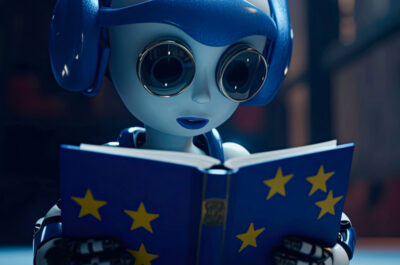 Ein Roboter-Kind liest aufmerksam in einem Buch, dass einen blauen Einband mit den Sternen der Europäischen Union hat.