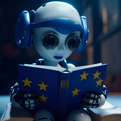 Ein Roboter-Kind liest aufmerksam in einem Buch, dass einen blauen Einband mit den Sternen der Europäischen Union hat.