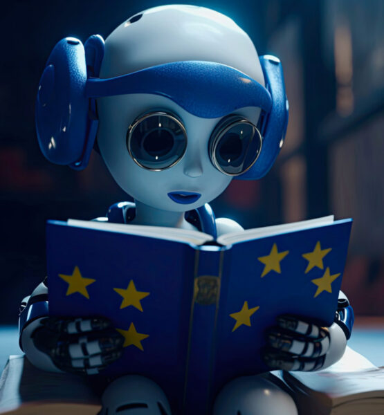 Ein Roboter-Kind liest aufmerksam in einem Buch, dass einen blauen Einband mit den Sternen der Europäischen Union hat.