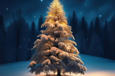 Beitragsbild Weihnachtsbäume online mieten: Schneebedeckter Weihnachtsbaum im Winterwald mit Kopierraum in der Nacht