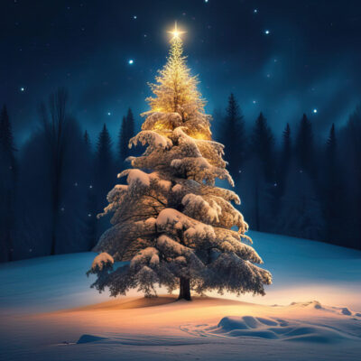 Beitragsbild Weihnachtsbäume online mieten: Schneebedeckter Weihnachtsbaum im Winterwald mit Kopierraum in der Nacht
