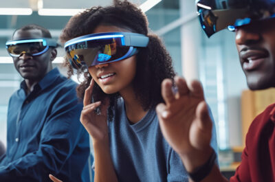 Drei Personen tragen Virtual Reality, Augmented Reality oder Extended Reality-Brillen und interagieren mit virtuellen Elementen, die nur sie sehen können. Sie scheinen konzentriert und eingebunden in die Technologieerfahrung, die ihnen die Brillen bieten. Das Foto spielt in einem modernen Büro oder Labor und nutzt künstliches Licht, um eine technologieorientierte Atmosphäre zu schaffen.