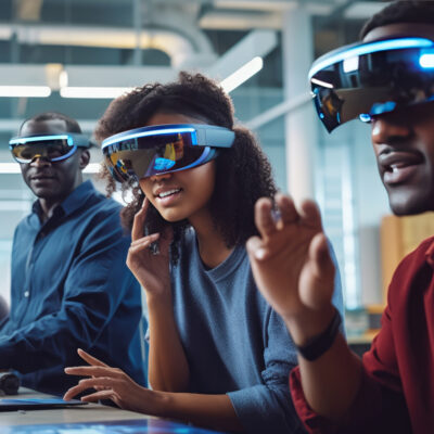 Drei Personen tragen Virtual Reality, Augmented Reality oder Extended Reality-Brillen und interagieren mit virtuellen Elementen, die nur sie sehen können. Sie scheinen konzentriert und eingebunden in die Technologieerfahrung, die ihnen die Brillen bieten. Das Foto spielt in einem modernen Büro oder Labor und nutzt künstliches Licht, um eine technologieorientierte Atmosphäre zu schaffen.