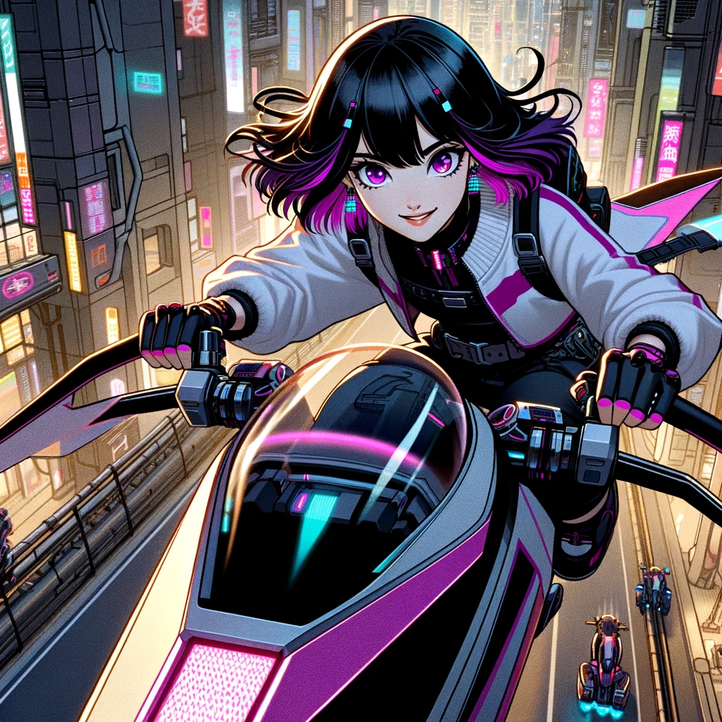 Eine junge Frau mit schwarzen Haaren und pinken Highlights fährt auf einem stylischen Speeder durch eine futuristische Stadt.