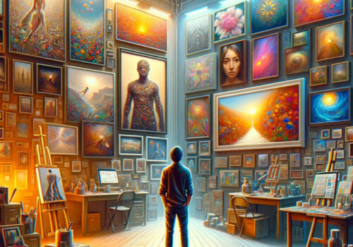 Person in einem Raum, hin- und hergerissen zwischen zwei Wänden: auf der einen Seite eine Reihe lebhafter, vielfältiger von KI generierter Bilder, auf der anderen Seite selbstgemachte Gemälde und Skizzen, symbolisch für den Konflikt zwischen moderner KI-Kunst und traditionellen künstlerischen Methoden.