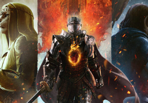 Ein Ritter mit brennendem Herzen, eine Katzenfrau, Priesterin und ein in Kapuze gehülter Bogenschütze dreiteilen das Cover des neuen Dragons Dogma eines der heißesten Videospiele 2024