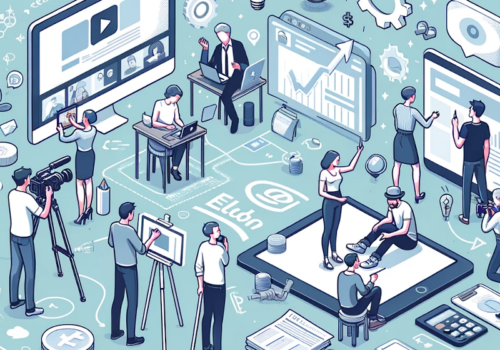 Das Bild ist eine isometrische Illustration, die verschiedene Aspekte der Creator Economy darstellt. Man sieht Personen, die unterschiedliche kreative Aktivitäten ausführen: Einige erstellen Inhalte an Computern, andere filmen ein Video, jemand hält einen Vortrag und wieder andere arbeiten an Grafiken auf Tablets. Um sie herum sind Symbole verteilt, die für verschiedene digitale und kreative Werkzeuge stehen, wie Kameras, Glühbirnen für Ideen, Zahnräder für die Arbeit, Sprechblasen und soziale Medien-Icons. Das gesamte Bild vermittelt eine dynamische und vernetzte Arbeitsumgebung, in der Kreativität und digitale Technologie zusammenkommen.