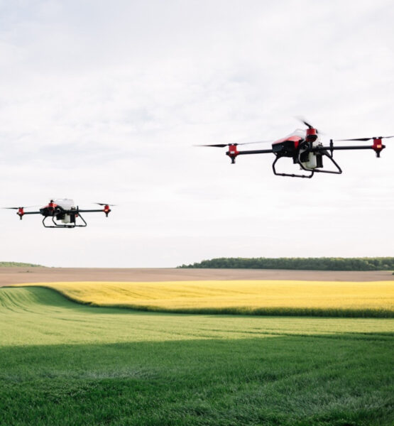 Bild 1: Zwei Drohnen fliegen nebeneinander über eine landwirtschaftliche Fläche mit unterschiedlichen Anbauflächen. Der Himmel ist klar und es gibt eine sichtbare Trennung zwischen den grünen und gelbbraunen Feldern im Hintergrund.