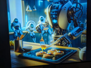 Ein Roboter bereitet in der Küche etwas tollpatschig Pfannkuchen zu. Im Hintergrund beäugen ihn andere Roboter abwertend.