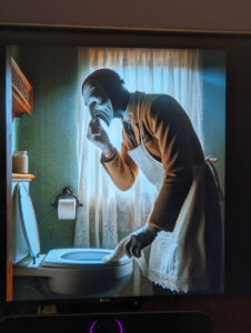 Eine Horrorfilm-Figur putzt Zuhause die Toilette und hält sich dabei die Nase zu.