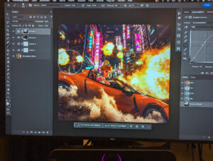 Ein actionreiches Bild von Prinzessin Peach in einem Auto vor Cyberpunk-Kulisse mit zahlreichen Explosionen um sie herum. Das Bild ist in einem Bearbeitungsprogramm geöffnet.