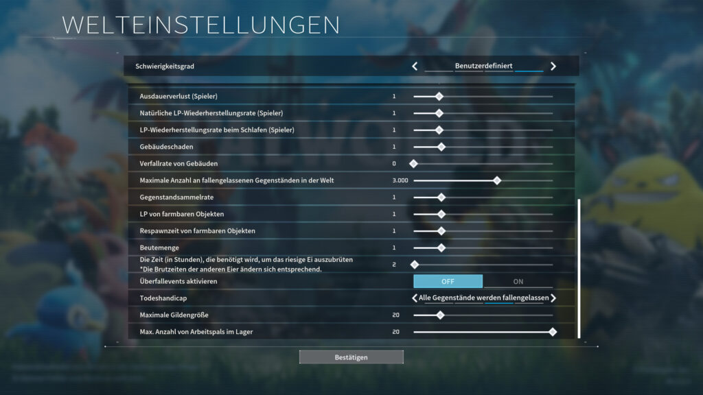 Server-Einstellungen in Palworld. Der Mauszeiger liegt auf einer Option, um Raids auszuschalten.