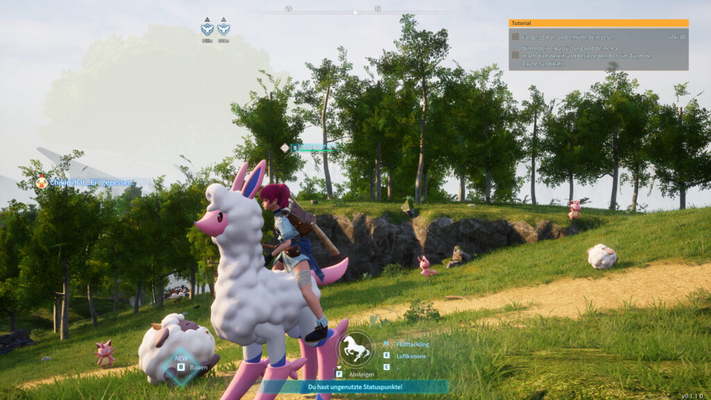 Ein Spieler reitet auf einem Alpaca-ähnlichem Pal.
