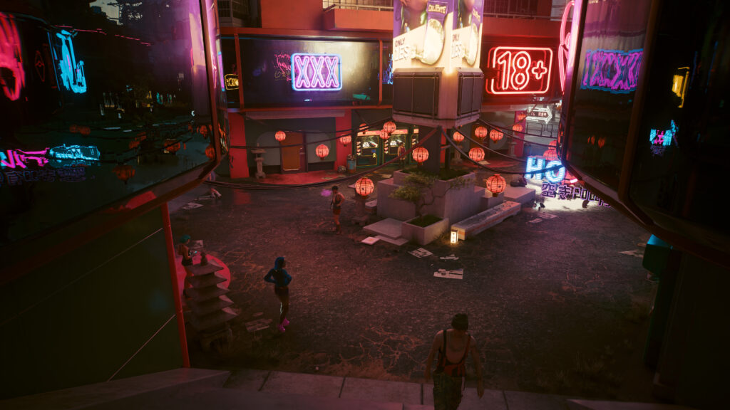 Ein Rotlichtbezirk in Cyberpunk 2077, dass in einer reinen Fußgängerzone liegt.