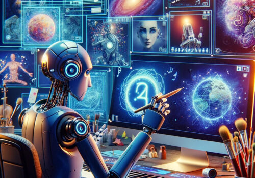 Eine anthropomorphe KI-Roboterfigur sitzt an einem futuristischen Schreibtisch, umgeben von mehreren Bildschirmen, die verschiedene künstlerische Werke anzeigen, darunter Gemälde, Notenblätter und 3D-Modelle. Der Roboter hält einen digitalen Stift und zeigt einen nachdenklichen Gesichtsausdruck. Rund um den Schreibtisch sind verschiedene kreative Werkzeuge wie ein Pinsel, ein musikalisches Keyboard und ein Bildhauerwerkzeug angeordnet.
