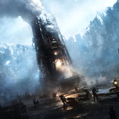 Artwork vom Spiel Frostpunk bei dem sich Menschen in einer Eiswelt um einen steampunkig wirkenden Generator versammeln.