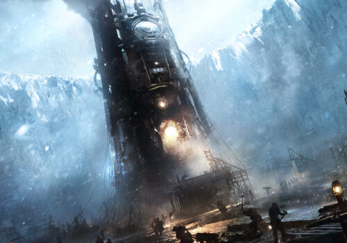 Artwork vom Spiel Frostpunk bei dem sich Menschen in einer Eiswelt um einen steampunkig wirkenden Generator versammeln.